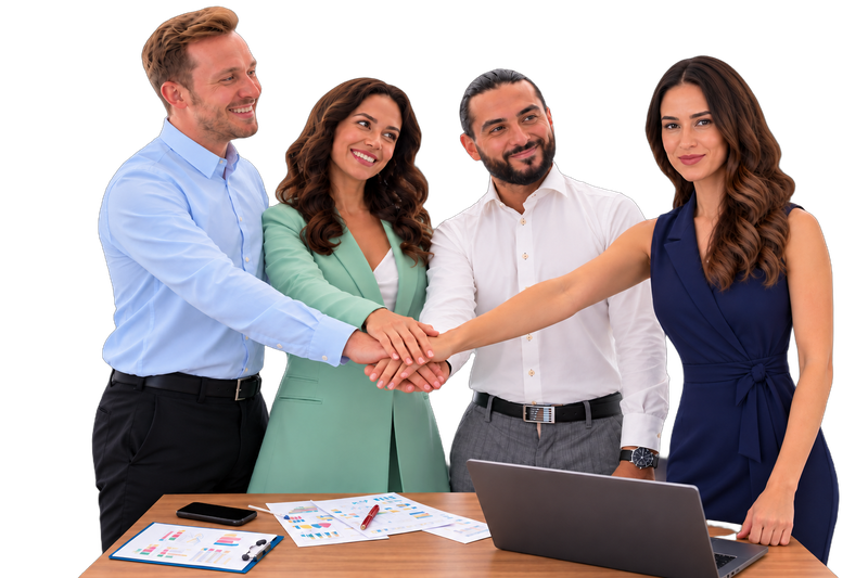 Team members high-fiving over a desk